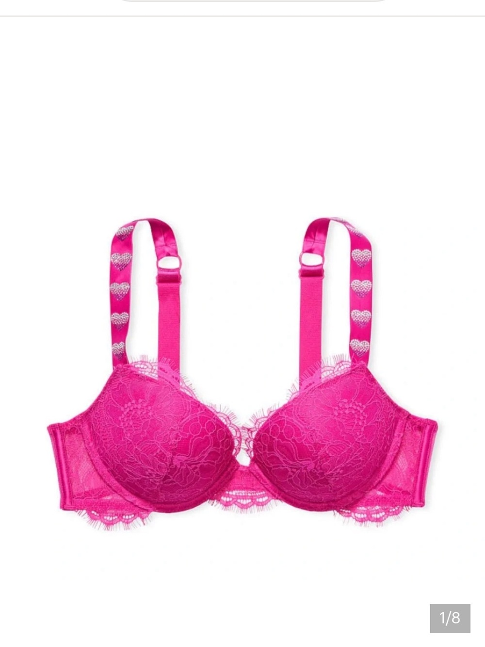 Victoria’s Secret Hot Pink Lace Push-Up Bra Rhinestone Heart Strap 32B